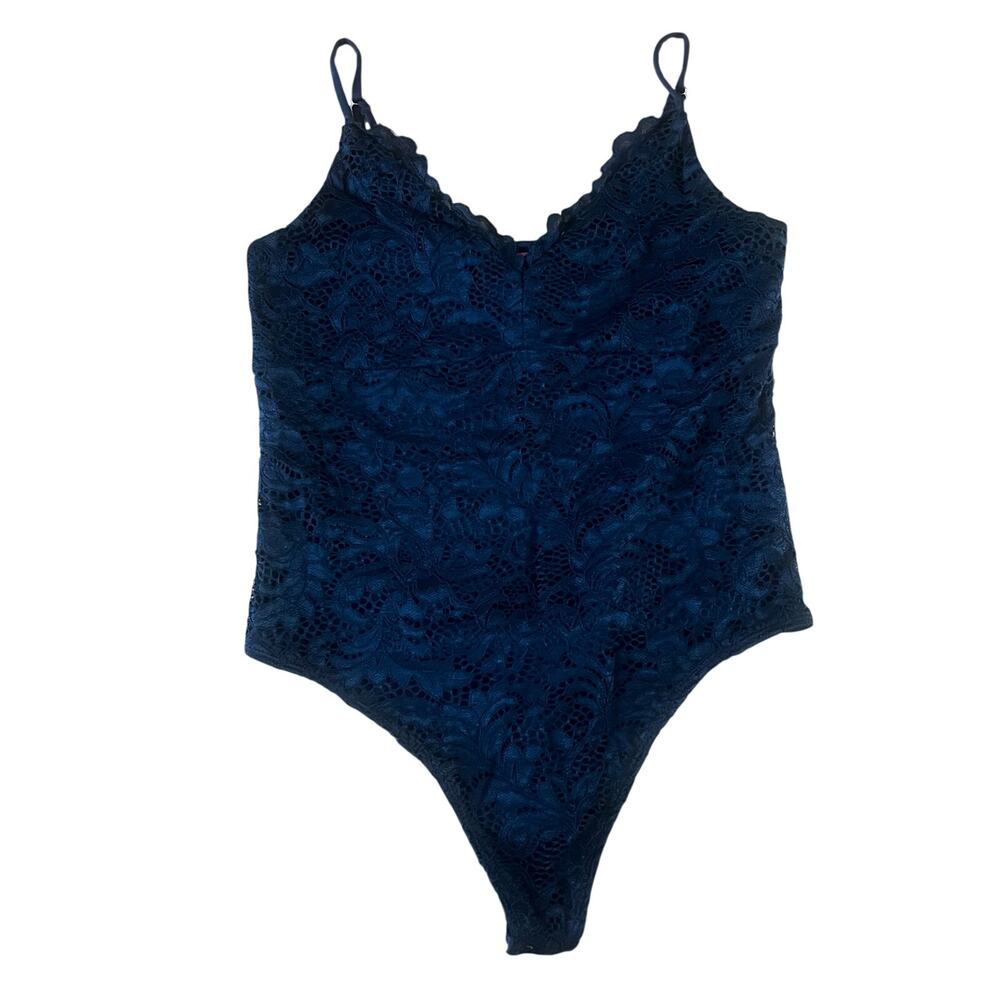 Guess Spaghetti Strap Black Floral Lace Thong Bodysuit | M